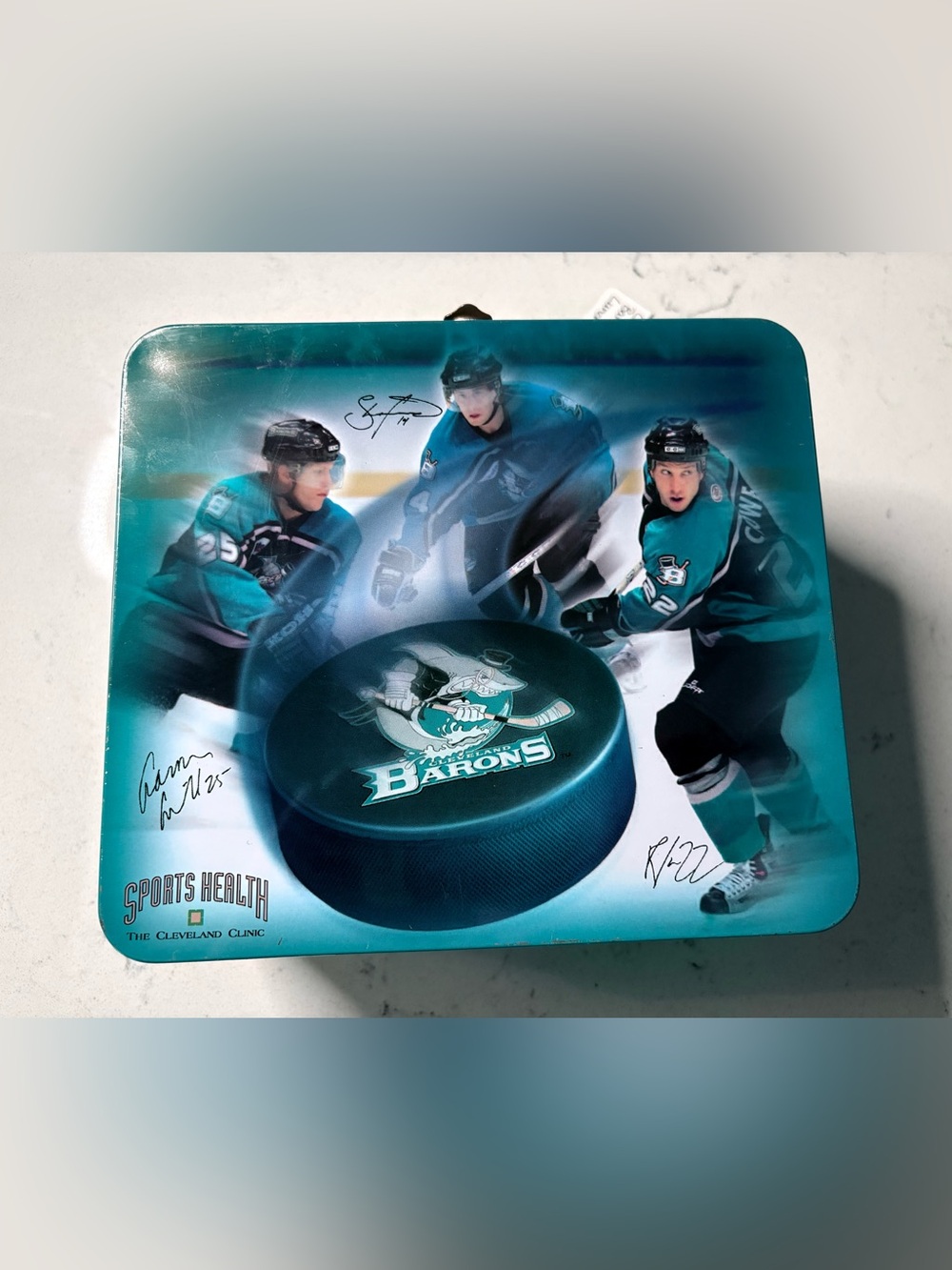 CCM Cleveland Barons Teal and Black Hockey Collage Lunch Box